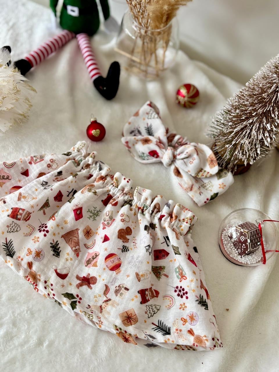 Ensemble Jupette et bandeau gaze de coton - Motifs de Noël - EN COMMANDE