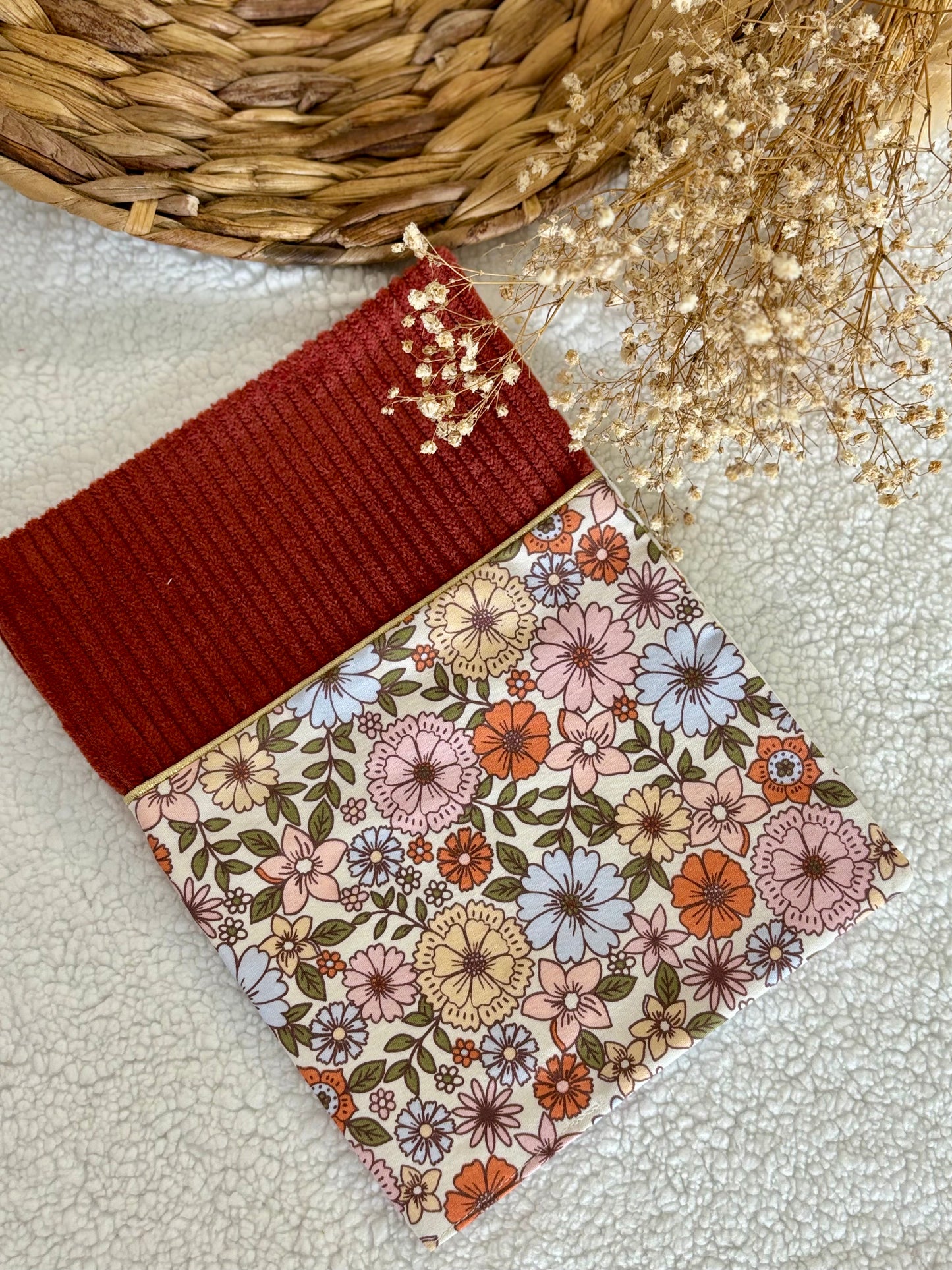 🍂✨ Protège Carnet de Santé - Velours Terracotta & Tissu Fleuri ✨🌸