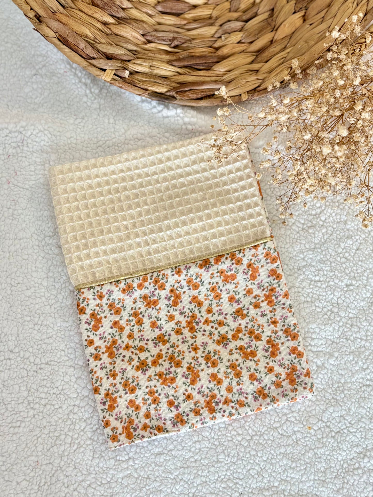 🍂✨ Protège Carnet de Santé - Nid d’Abeille Blanc & Fleuri Orange ✨🍂