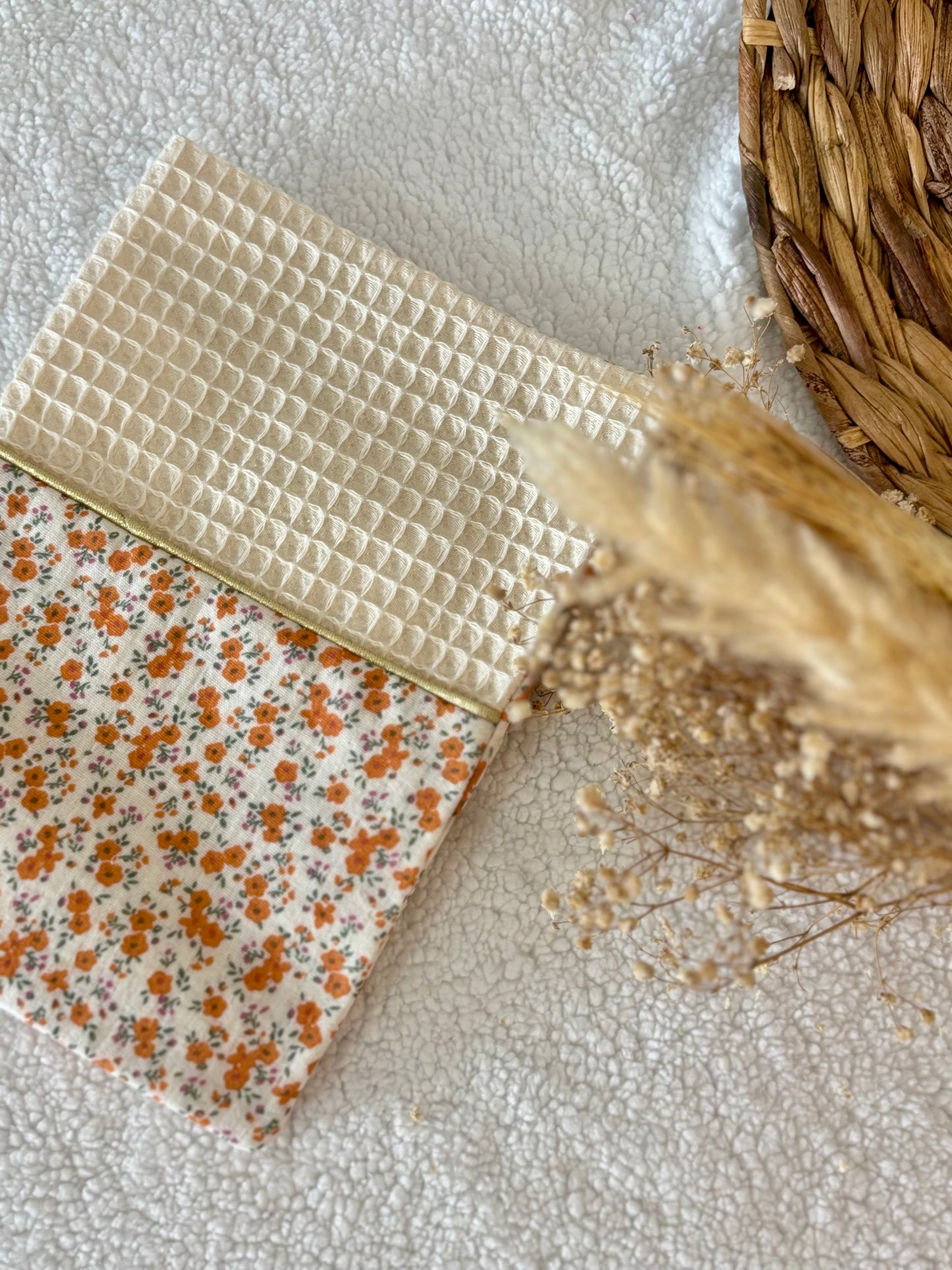 🍂✨ Protège Carnet de Santé - Nid d’Abeille Blanc & Fleuri Orange ✨🍂