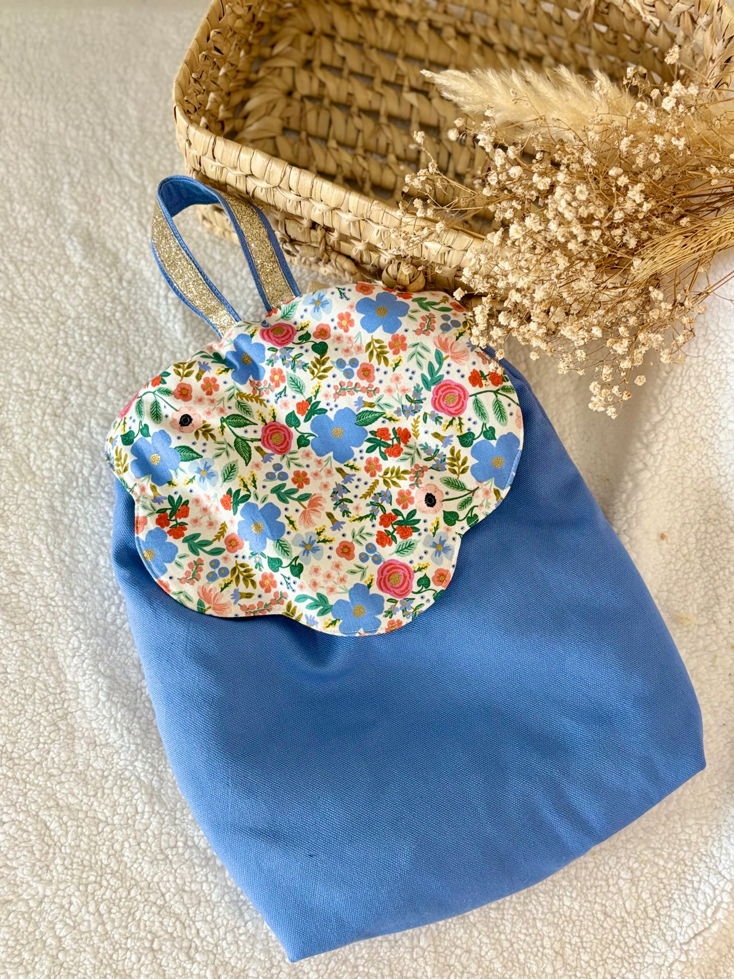 💙🌸 Sac de Crèche - Bleu Fun & Rabat Fleur Design Fleuri 🌸💙