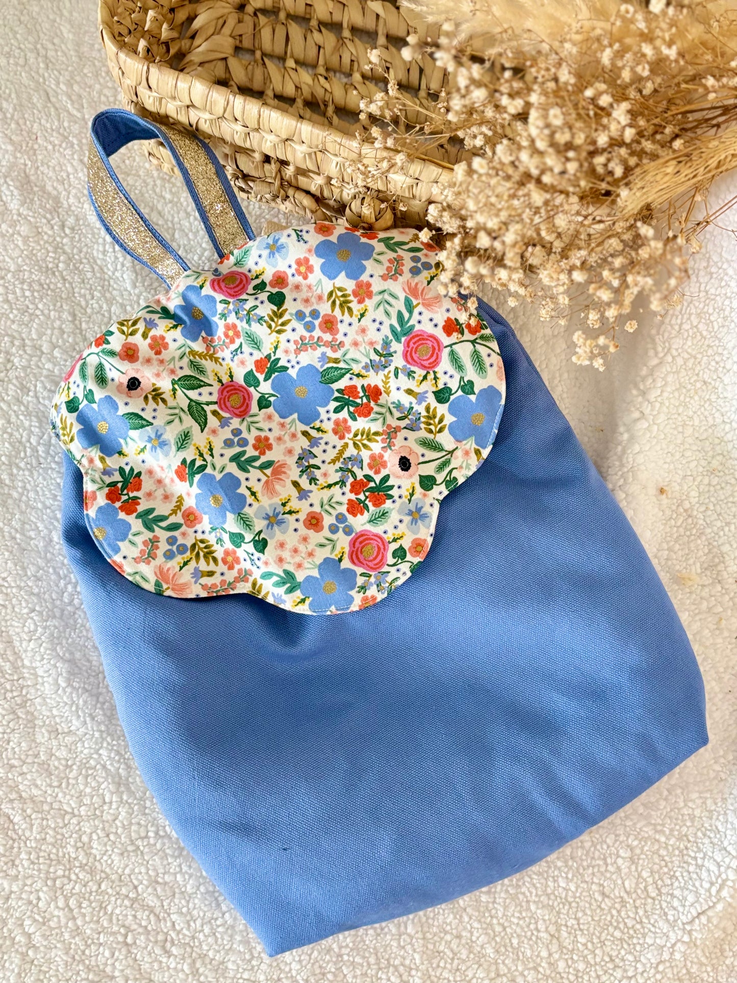 💙🌸 Sac de Crèche - Bleu Fun & Rabat Fleur Design Fleuri 🌸💙