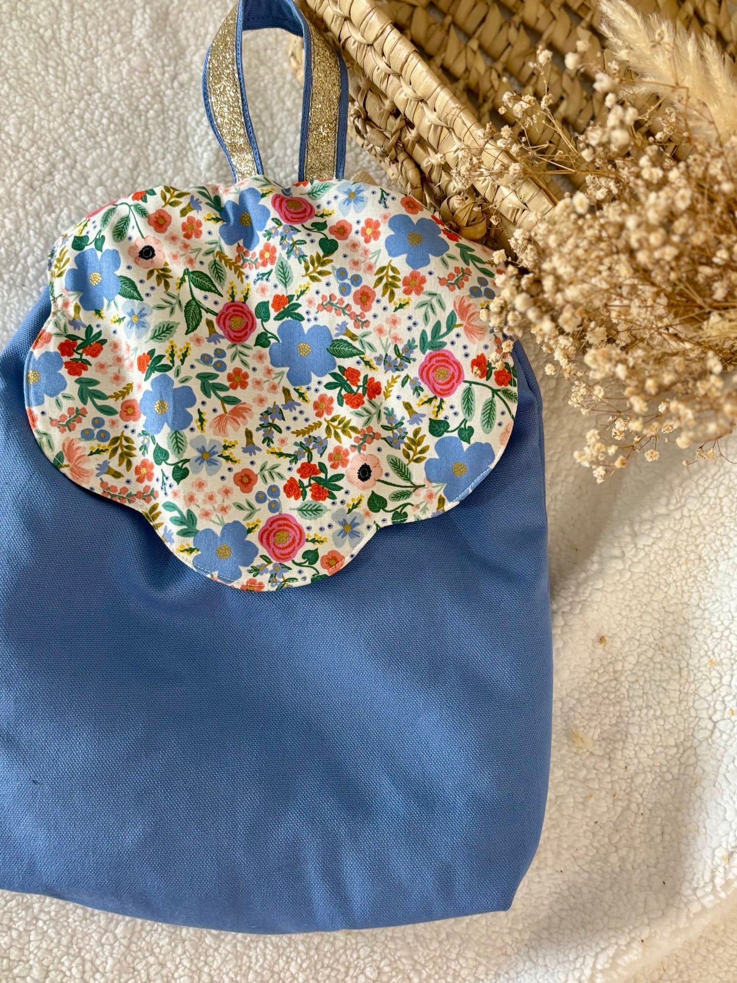 💙🌸 Sac de Crèche - Bleu Fun & Rabat Fleur Design Fleuri 🌸💙