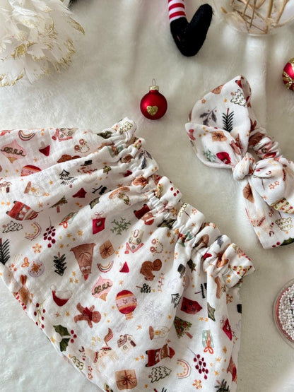 Ensemble Jupette  et bandeau gaze de coton - Motifs de Noël - EN COMMANDE
