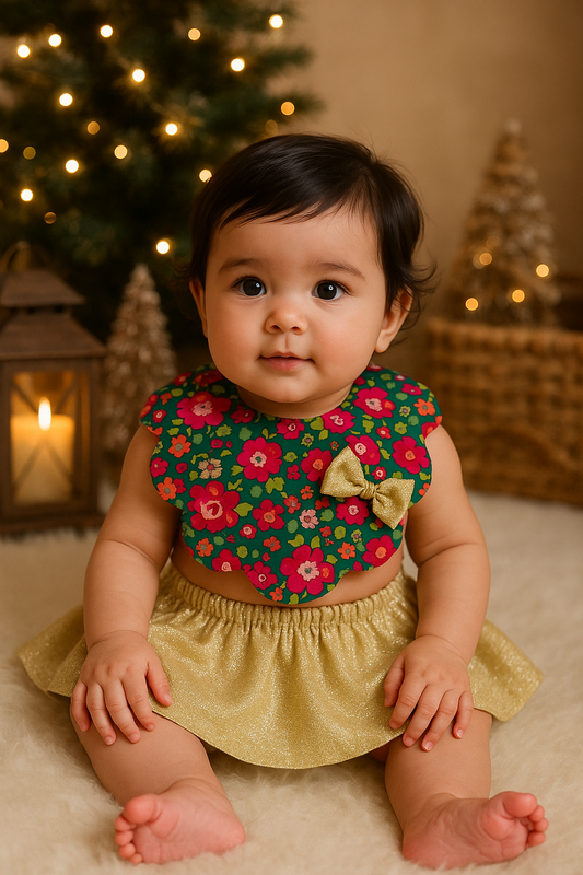 Ensemble Jupette doré et bavoir Liberty